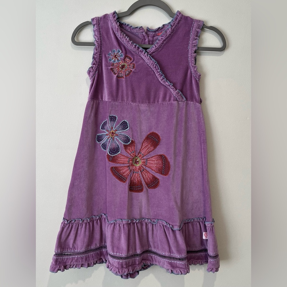 Girls Velveteen Jumper Dress Embroidered Y2K Purple Flowers Hippie Boho Size 128